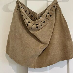 Suede Eyelet Detail Circle Skirt in Taupe